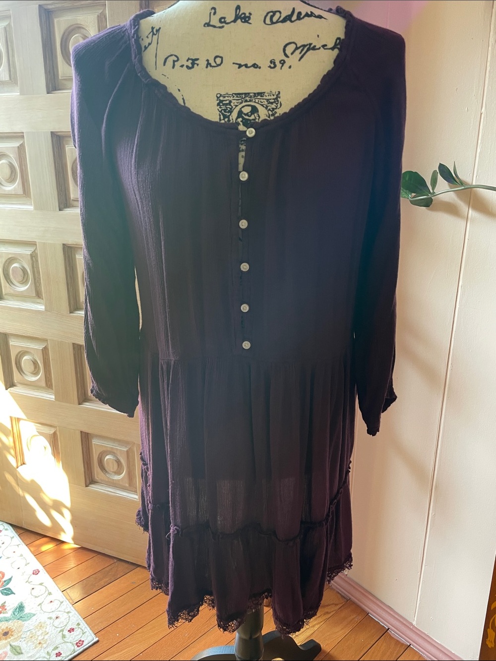 aerie Plum Long-Sleeve Button-Front Tiered Dress